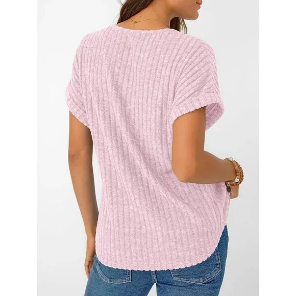 👑Women's Pink Short Sleeve Cute V Neck Stretch Ribbed Knitwear Pullover Sweater - Picture 4 of 6